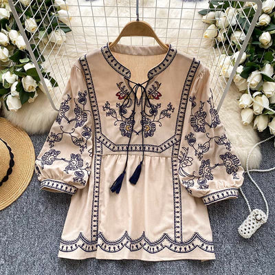 Olivenorma Boho Holiday Stickerei Laternenärmel Damenhemd