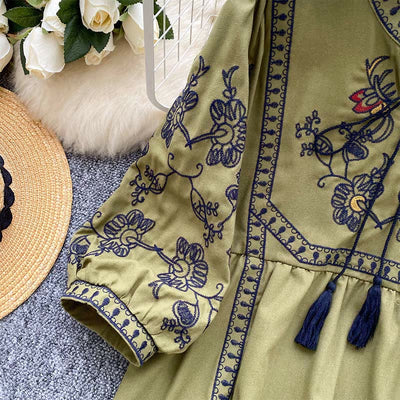 Olivenorma Boho Holiday Stickerei Laternenärmel Damenhemd