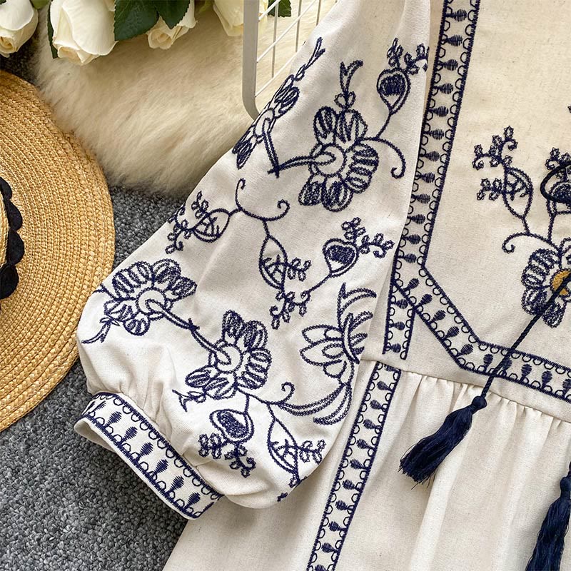 Olivenorma Boho Holiday Stickerei Laternenärmel Damenhemd