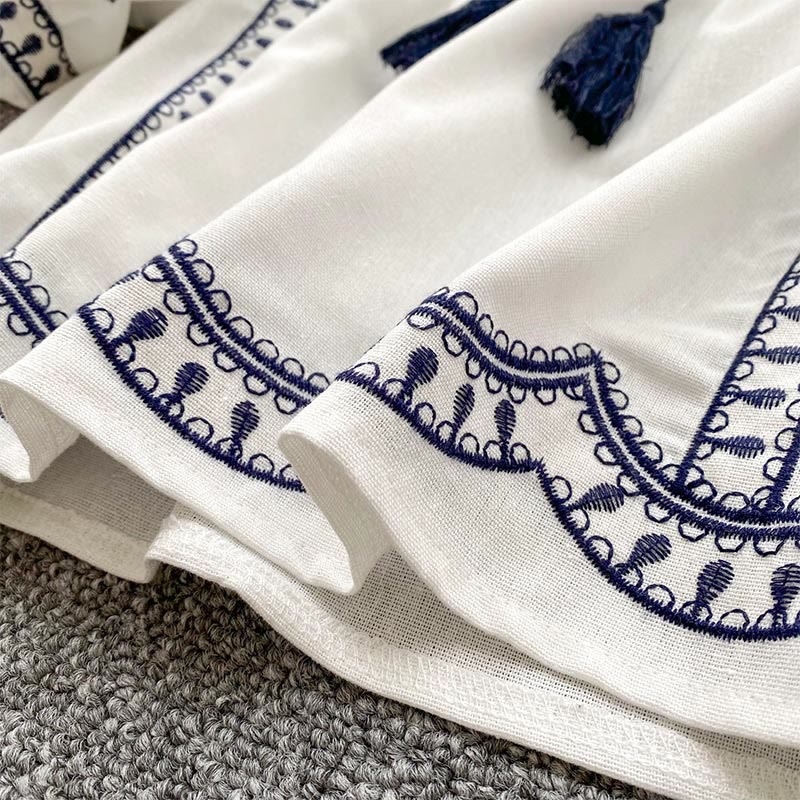 Olivenorma Boho Holiday Stickerei Laternenärmel Damenhemd