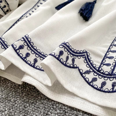 Olivenorma Boho Holiday Stickerei Laternenärmel Damenhemd