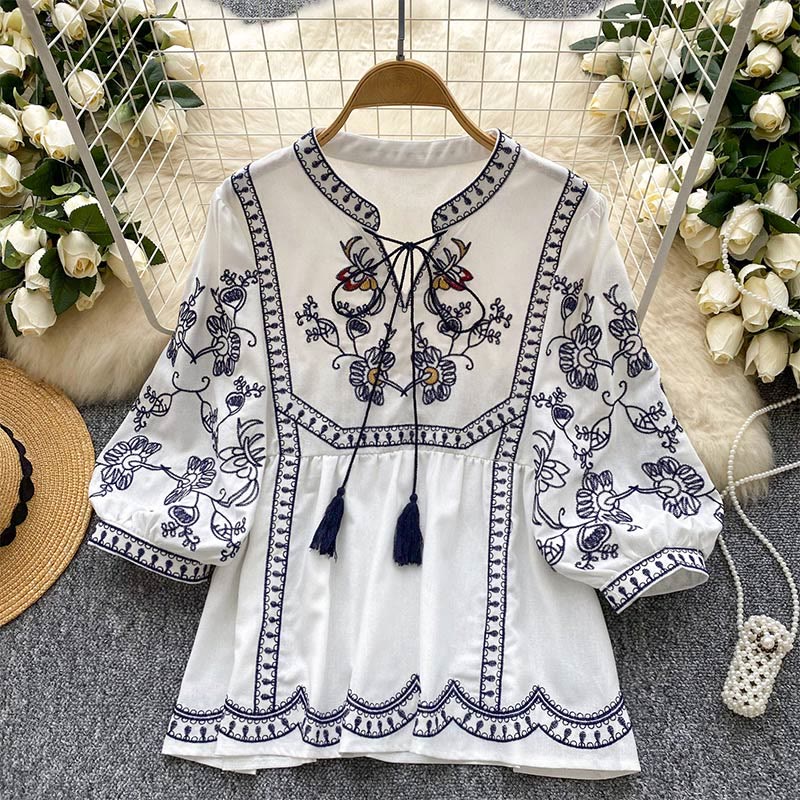 Olivenorma Boho Holiday Stickerei Laternenärmel Damenhemd