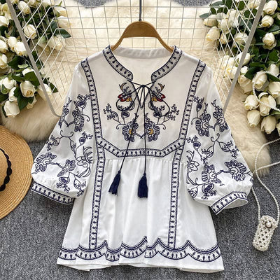 Olivenorma Boho Holiday Stickerei Laternenärmel Damenhemd