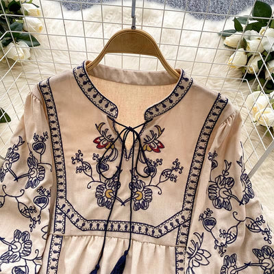 Olivenorma Boho Holiday Stickerei Laternenärmel Damenhemd