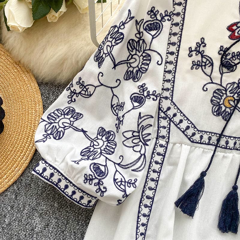 Olivenorma Boho Holiday Stickerei Laternenärmel Damenhemd