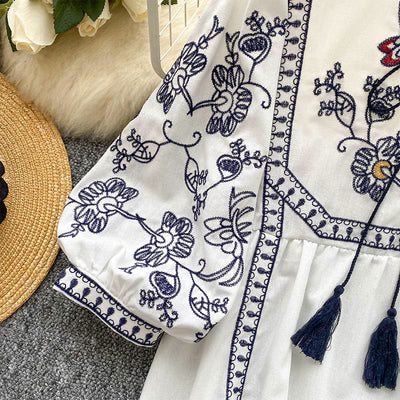Olivenorma Boho Holiday Stickerei Laternenärmel Damenhemd