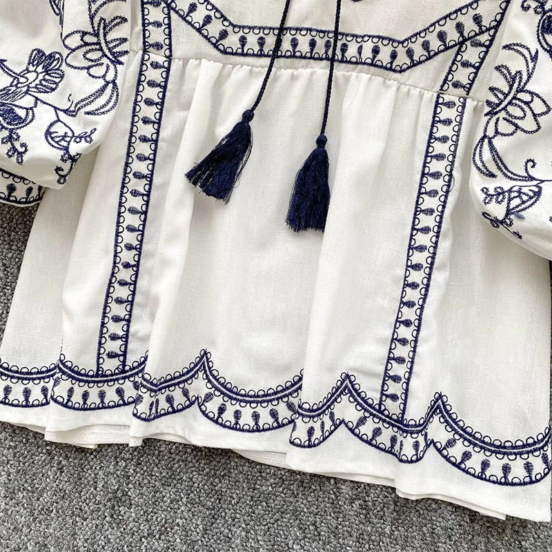 Olivenorma Boho Holiday Stickerei Laternenärmel Damenhemd