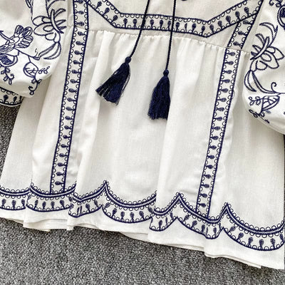Olivenorma Boho Holiday Stickerei Laternenärmel Damenhemd