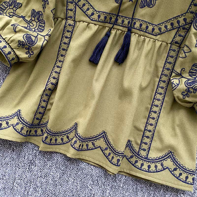 Olivenorma Boho Holiday Stickerei Laternenärmel Damenhemd