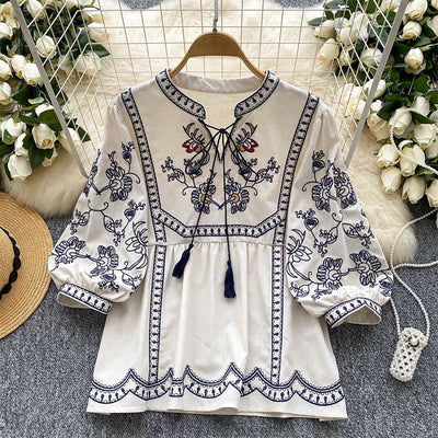 Olivenorma Boho Holiday Stickerei Laternenärmel Damenhemd