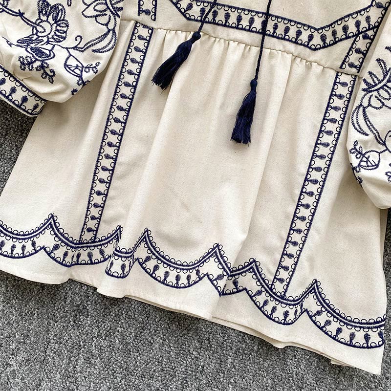Olivenorma Boho Holiday Stickerei Laternenärmel Damenhemd