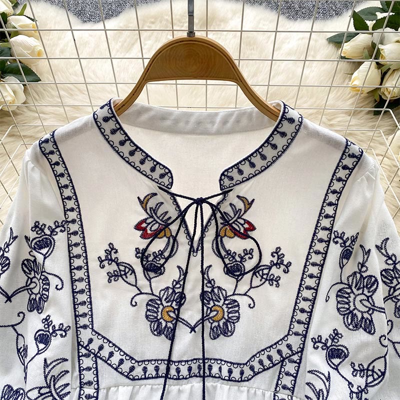 Olivenorma Boho Holiday Stickerei Laternenärmel Damenhemd