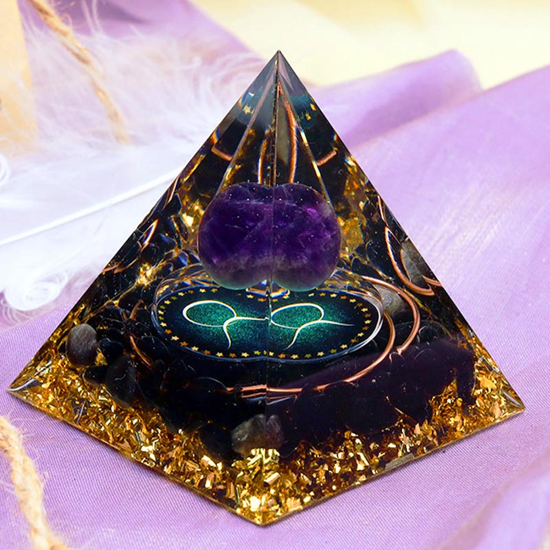 Olivenorma Amethystkugel mit Obsidian-Zodiac-Stier-Orgonpyramide 