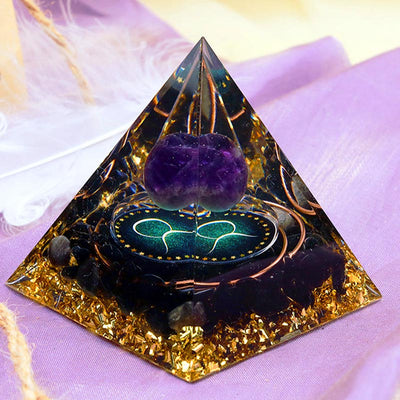 Olivenorma Amethystkugel mit Obsidian-Zodiac-Stier-Orgonpyramide 