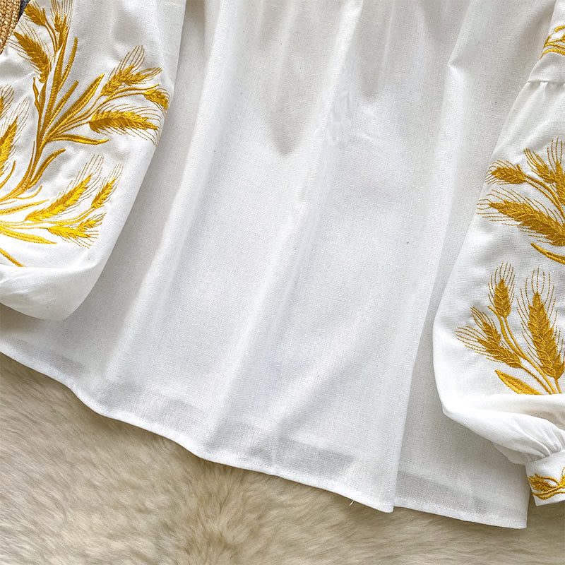 Olivenorma Damenhemd mit goldener Weizenähren-Stickerei
