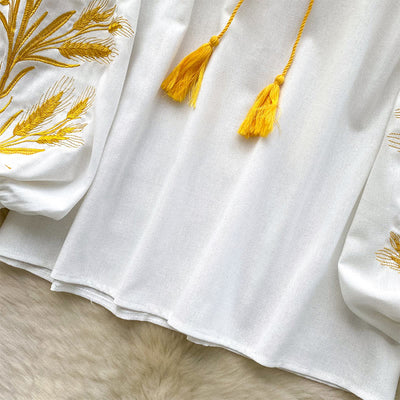 Olivenorma Damenhemd mit goldener Weizenähren-Stickerei