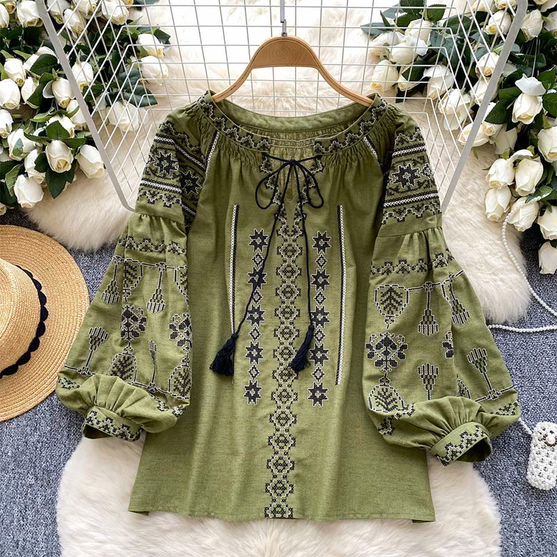 Olivenorma Boho Style Demokratische Stickerei Damen Shirt