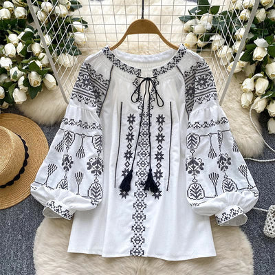 Olivenorma Boho Style Demokratische Stickerei Damen Shirt