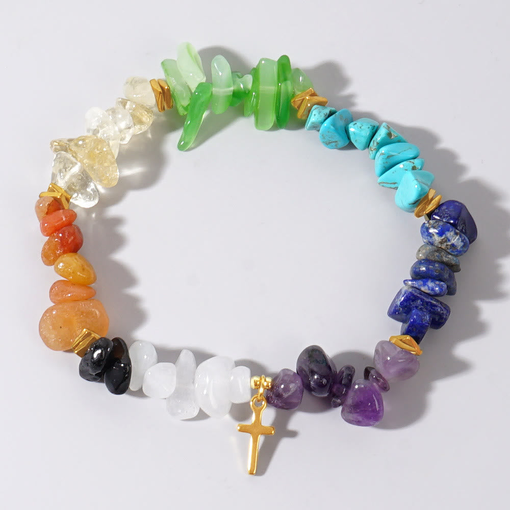 Olivenorma Stretch-Armband mit Heilkristallen und Regenbogen-Kieskreuz - image 4