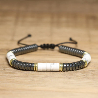 Olivenorma – Verstellbares, geflochtenes Perlenarmband mit Naturkristallen - Howlith + Hämatit - image 17