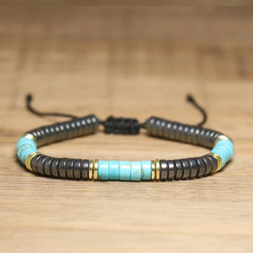 Olivenorma – Verstellbares, geflochtenes Perlenarmband mit Naturkristallen - Türkis + Hämatit - image 13