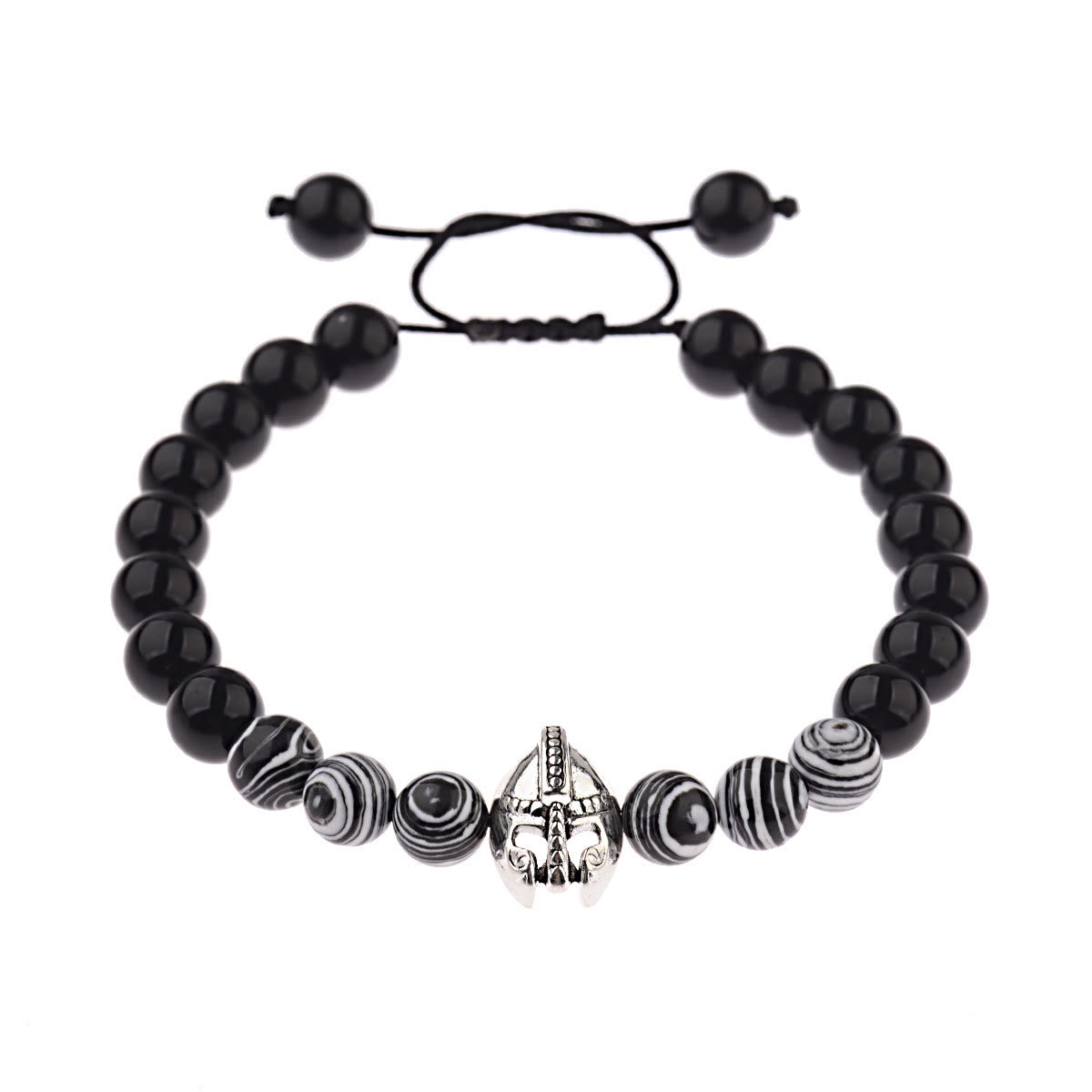 Olivenorma 8 mm verstellbares Edelsteinarmband mit Spartan-Kriegerhelm - Obsidian + Zebra-Harzperlen + Silberhelm - image 24