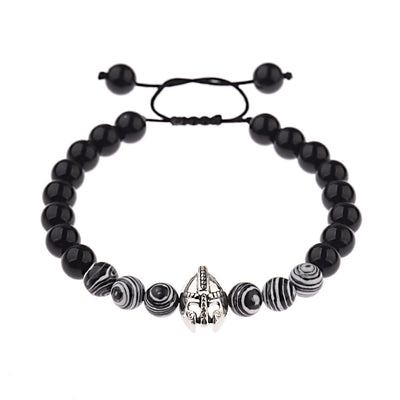 Olivenorma 8 mm verstellbares Edelsteinarmband mit Spartan-Kriegerhelm - Obsidian + Zebra-Harzperlen + Silberhelm - image 24