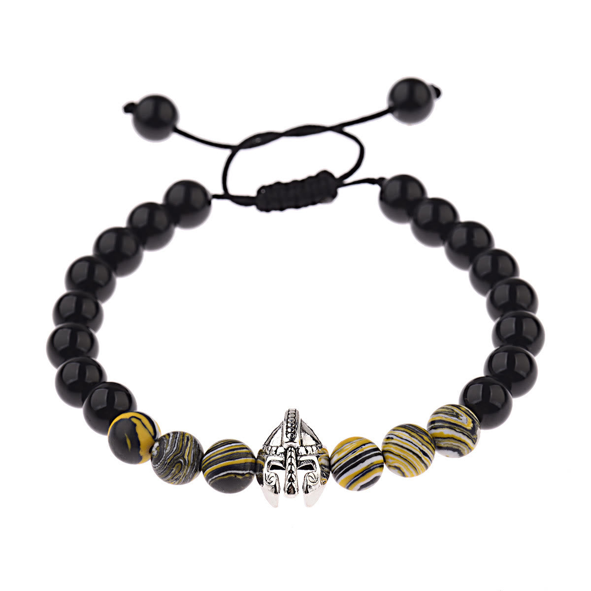 Olivenorma 8 mm verstellbares Edelsteinarmband mit Spartan-Kriegerhelm - Obsidian + gelbe Harzperlen + silberner Helm - image 25
