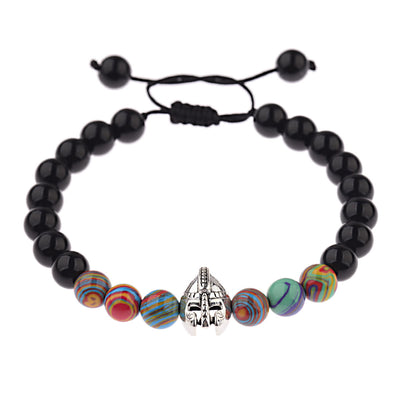 Olivenorma 8 mm verstellbares Edelsteinarmband mit Spartan-Kriegerhelm - Obsidian + Regenbogen-Harzperlen + Silberhelm - image 26