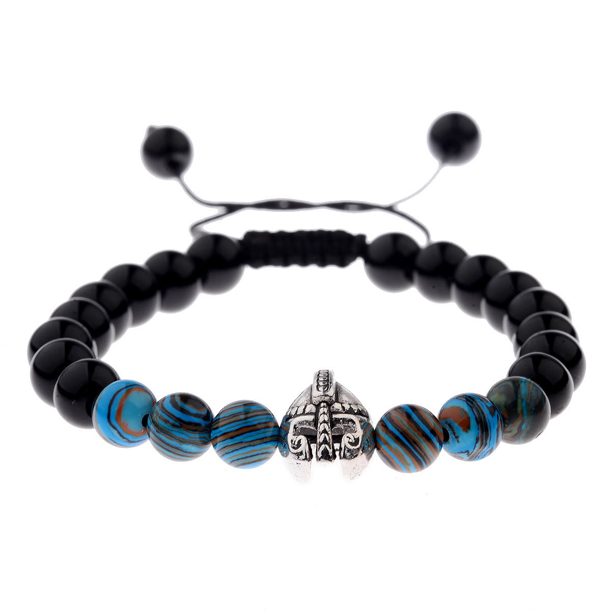 Olivenorma 8 mm verstellbares Edelsteinarmband mit Spartan-Kriegerhelm - Obsidian + blaue Harzperlen + silberner Helm - image 22