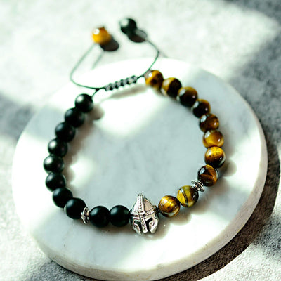 Olivenorma 8 mm verstellbares Edelsteinarmband mit Spartan-Kriegerhelm - Tigerauge + Schwarzer Onyx + Silberhelm - image 14