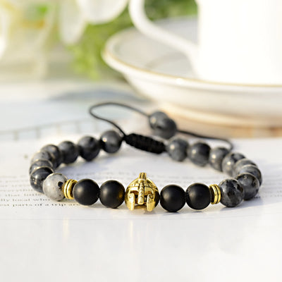 Olivenorma 8 mm verstellbares Edelsteinarmband mit Spartan-Kriegerhelm - Grauer Jaspis + Schwarzer Onyx + Goldener Helm - image 5