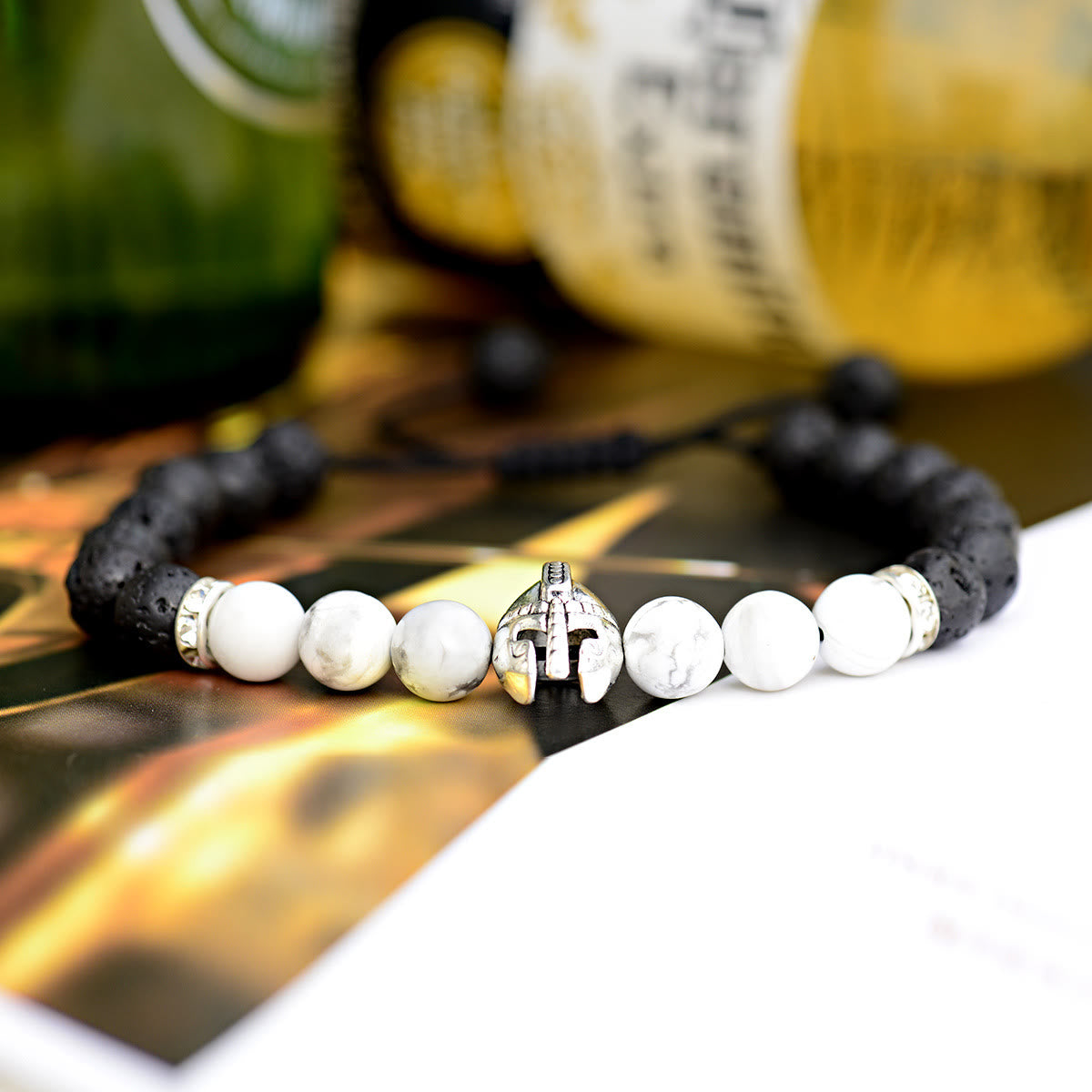 Olivenorma 8 mm verstellbares Edelsteinarmband mit Spartan-Kriegerhelm - Lavastein+Howlith+Silberhelm - image 21