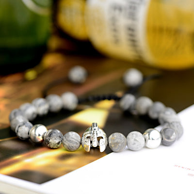 Olivenorma 8 mm verstellbares Edelsteinarmband mit Spartan-Kriegerhelm - Grauer Jaspis + Silberhelm - image 18