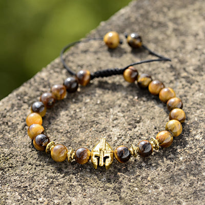 Olivenorma 8 mm verstellbares Edelsteinarmband mit Spartan-Kriegerhelm - Tigerauge + Goldener Helm - image 8
