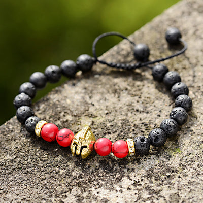 Olivenorma 8 mm verstellbares Edelsteinarmband mit Spartan-Kriegerhelm - Lavastein + Roter Türkis + Goldener Helm - image 1