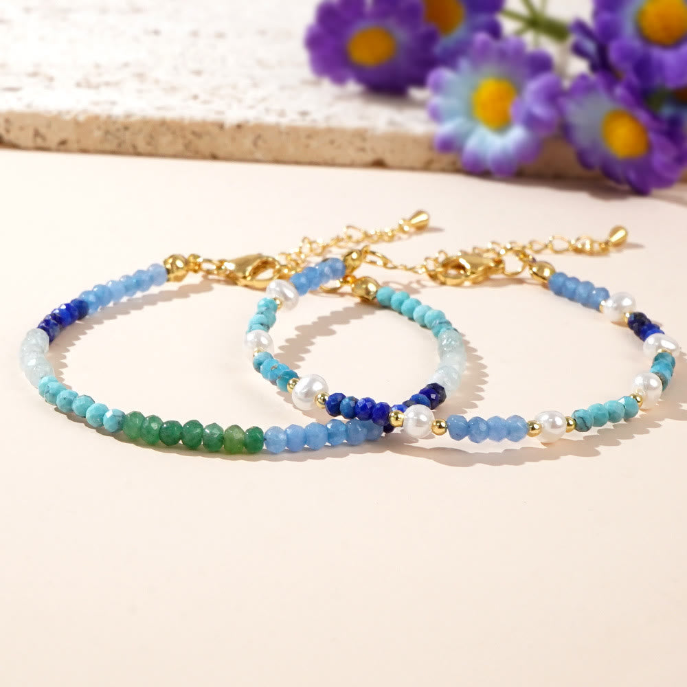 Olivenorma Boho-Stil 2-teiliges Armband mit Aquamarin- und Türkisperlen - image 3