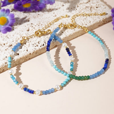 Olivenorma Boho-Stil 2-teiliges Armband mit Aquamarin- und Türkisperlen - 2-teiliges Boho-Armband-Set - image 1