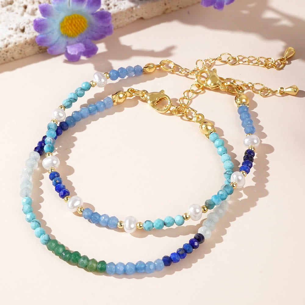 Olivenorma Boho-Stil 2-teiliges Armband mit Aquamarin- und Türkisperlen - image 4
