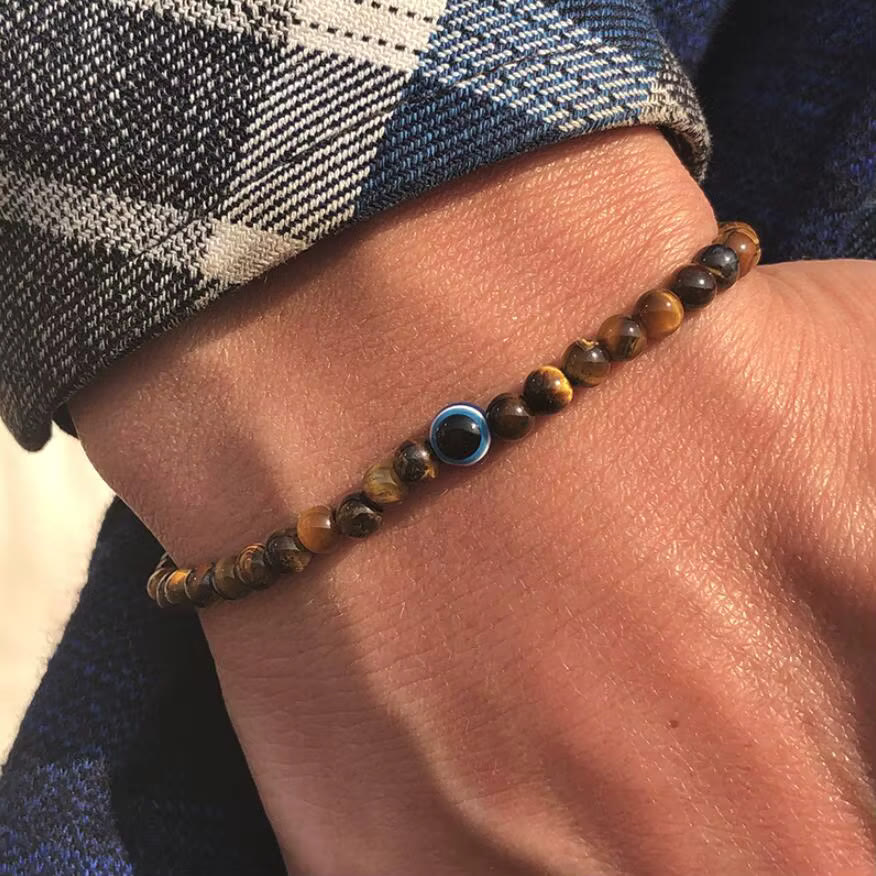 Olivenorma Armband mit runden Perlen aus Naturstein mit bösem Blick, 6 mm/8 mm - 8 mm - Tigerauge - image 10