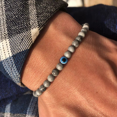 Olivenorma Armband mit runden Perlen aus Naturstein mit bösem Blick, 6 mm/8 mm - 8 mm - Grauer Jaspis - image 14