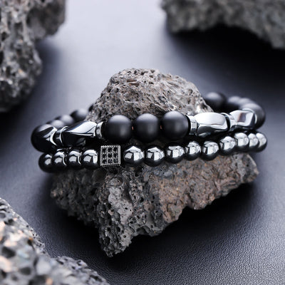 Olivenorma 2-teiliges Herren-Armband mit Hämatit und schwarzem Onyx, dehnbar, Perlen - 2-teiliges Armband-Set - image 1
