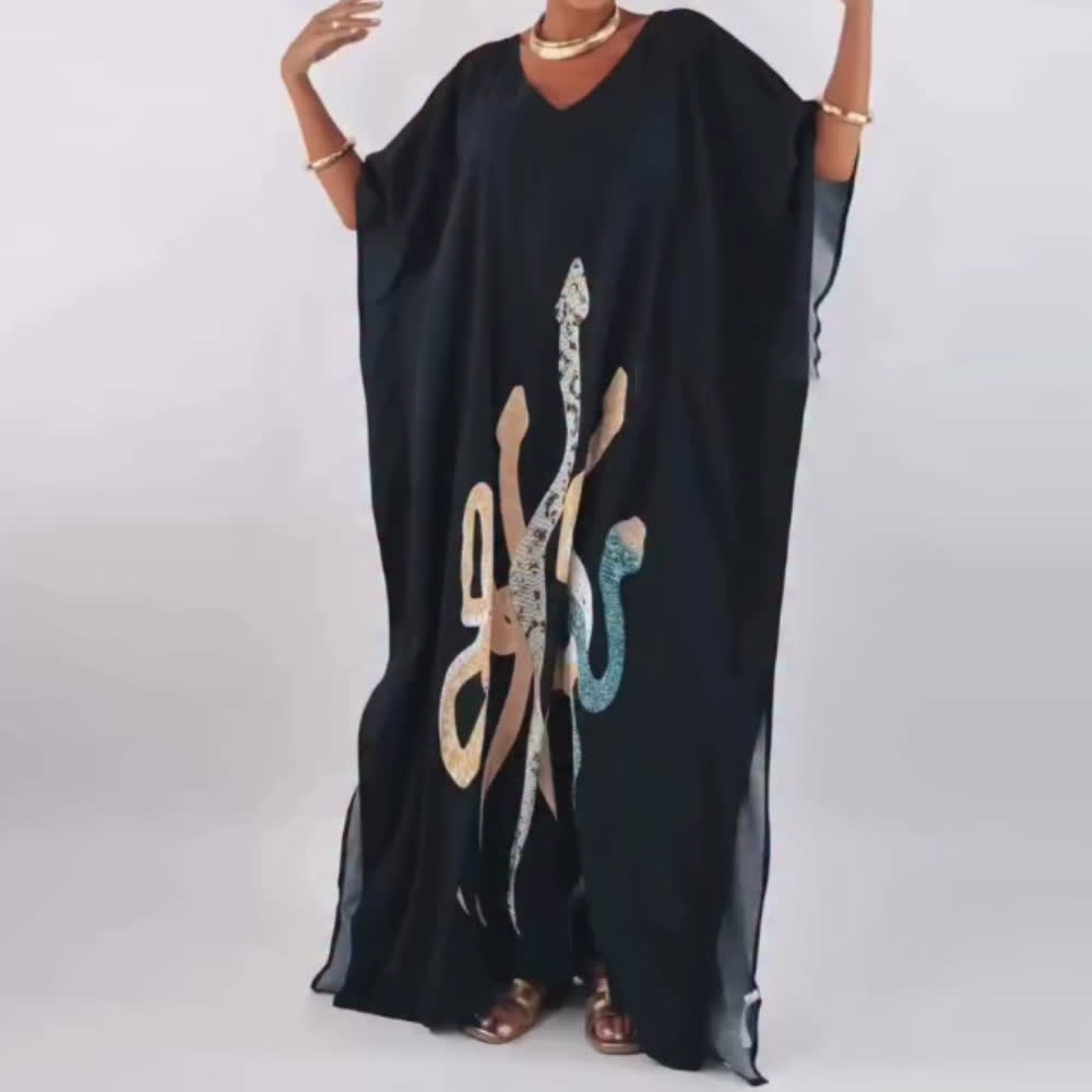 Olivenorma Schlangen-Kaftankleid in Schwarz