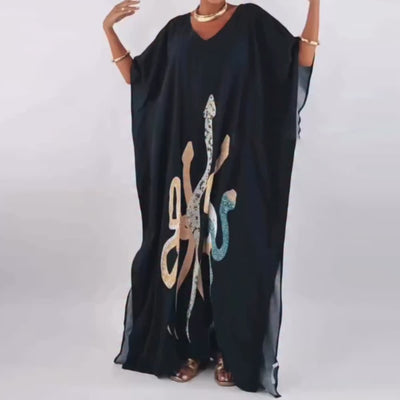 Olivenorma Schlangen-Kaftankleid in Schwarz