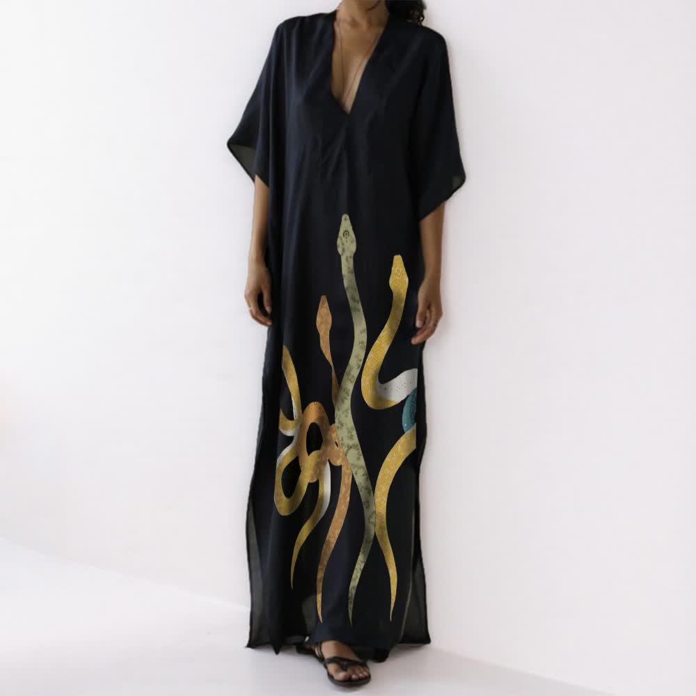 Olivenorma Schlangen-Kaftankleid in Schwarz