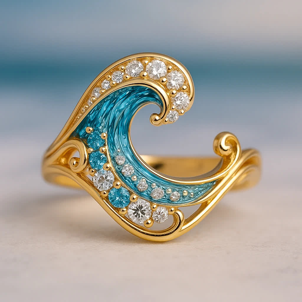 Olivenorma Elysian Tides – The Ocean Secret Wave Ohrringe Halskette Ring - Großer Wellenring - US 10 - image 3