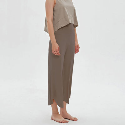 Olivenorma – Einfarbige Yogahose mit hoher Taille und weitem Bein, lockerer Schlag - Braun - L - image 9