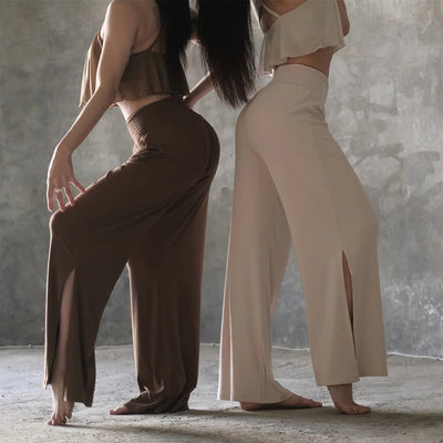 Olivenorma Yogahose aus Baumwolle mit hoher Taille und weitem Bein und Schlitz - image 12
