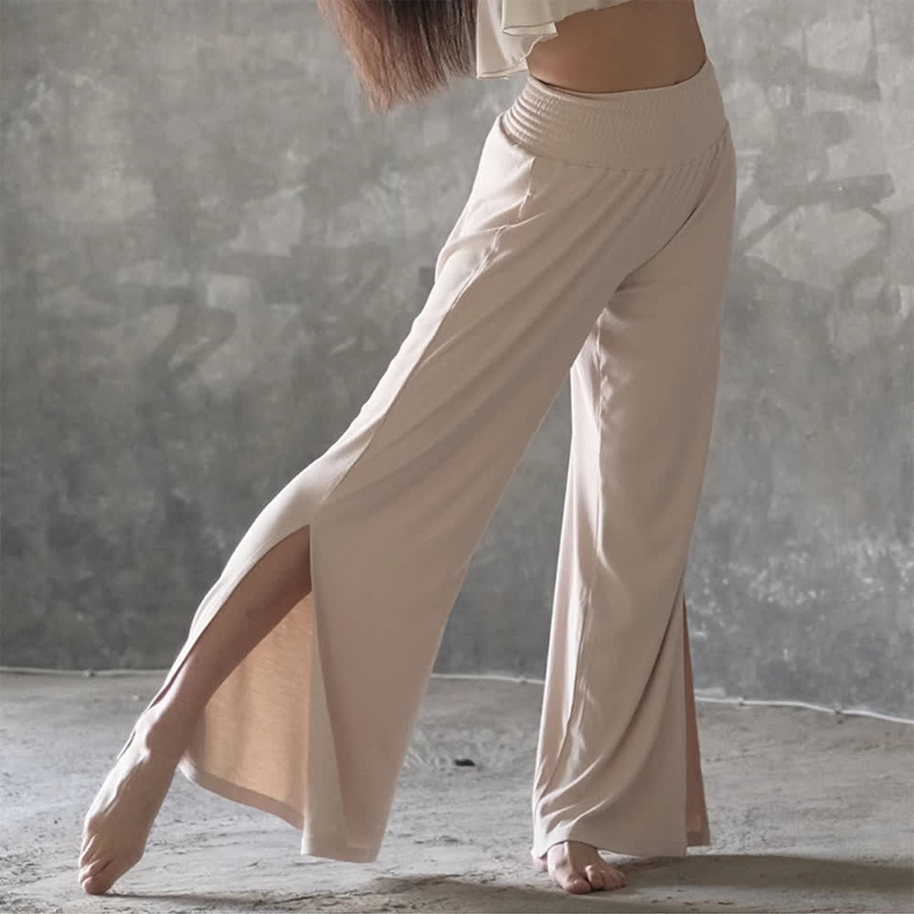 Olivenorma Yogahose aus Baumwolle mit hoher Taille und weitem Bein und Schlitz - Cremefarben - Einheitsgröße - image 1