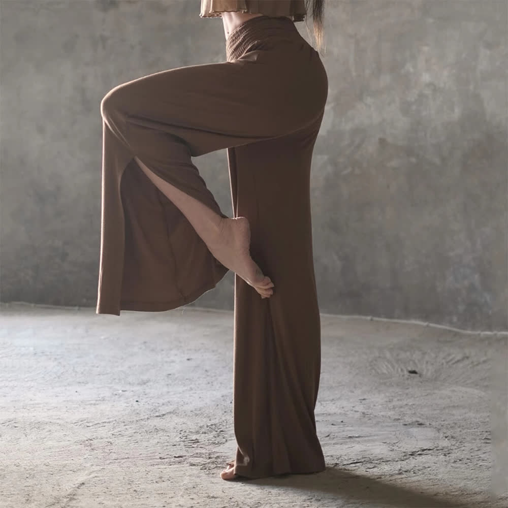Olivenorma Yogahose aus Baumwolle mit hoher Taille und weitem Bein und Schlitz - Braun - Einheitsgröße - image 5